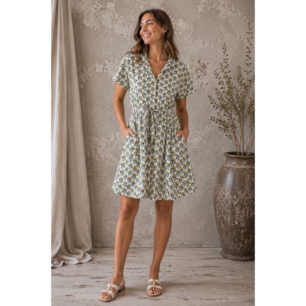 Mod's Mahal Shirt Dress 100% Cotton Floral White Yellow Button Front Womens XS